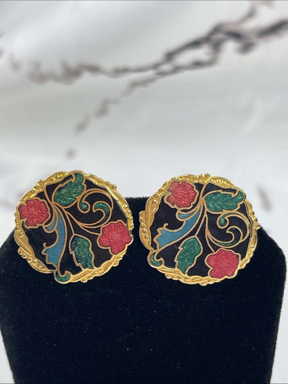 Cloisonné Gold-Tone Clip Round Earrings Floral Enamel Black, Red, Blue & Green